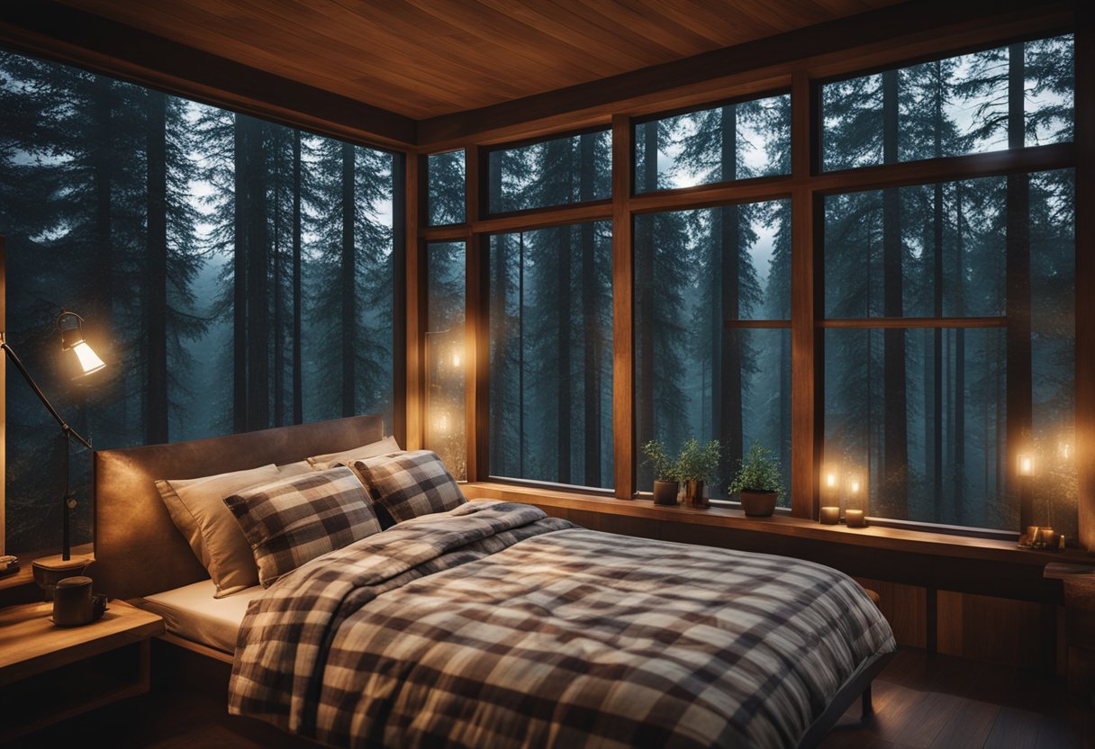 A cozy cabin bedroom with a rustic wooden bed, plaid bedding, warm lighting, and a view of the forest through the window