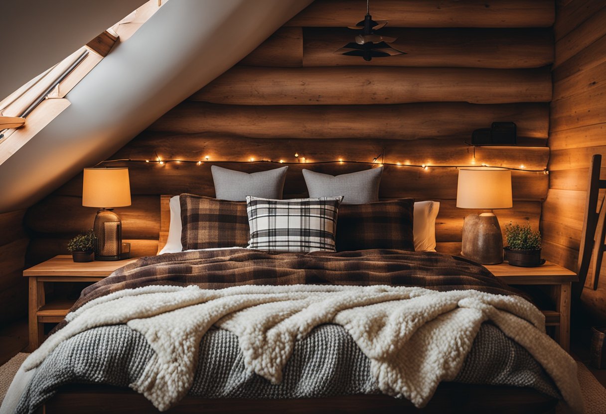 A cozy cabin bedroom with flannel bedding, warm lighting, and rustic decor