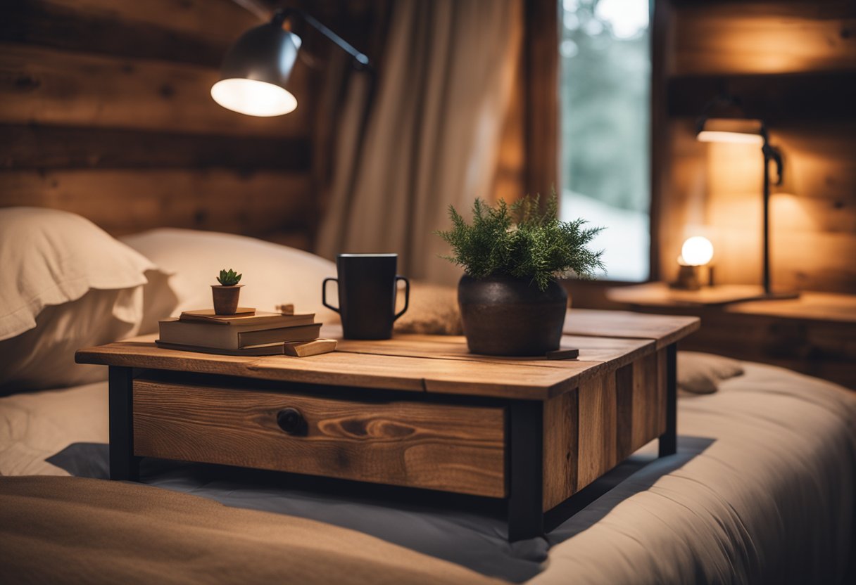 A rustic nightstand made of reclaimed wood sits beside a cozy bed in a cabin bedroom, surrounded by natural elements and warm lighting