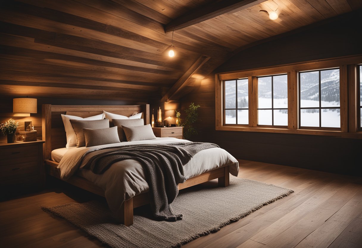 A cozy cabin bedroom with a wool throw blanket draped over a rustic bed, surrounded by warm lighting and natural wood decor