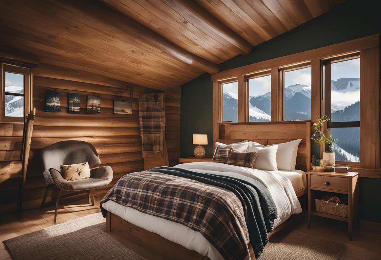 A cozy cabin bedroom with vintage ski wall art, warm wood paneling, and a rustic plaid bedding set