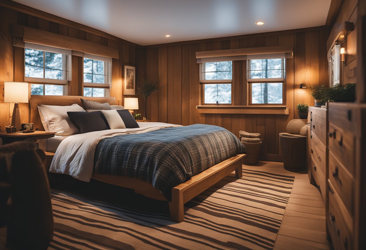 A cozy cabin bedroom with a plaid area rug, warm wood furniture, and soft lighting