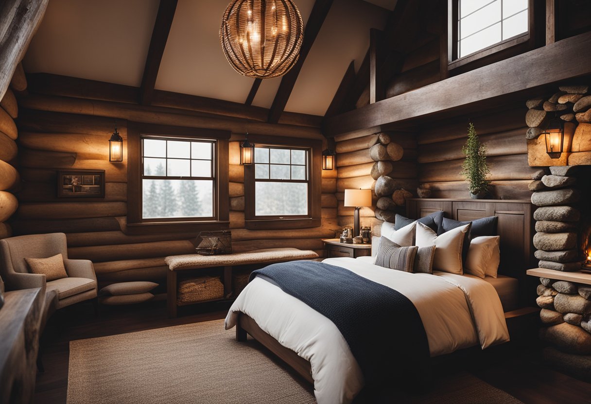 A cozy cabin bedroom with a stone fireplace as the focal point, surrounded by rustic decor and warm lighting