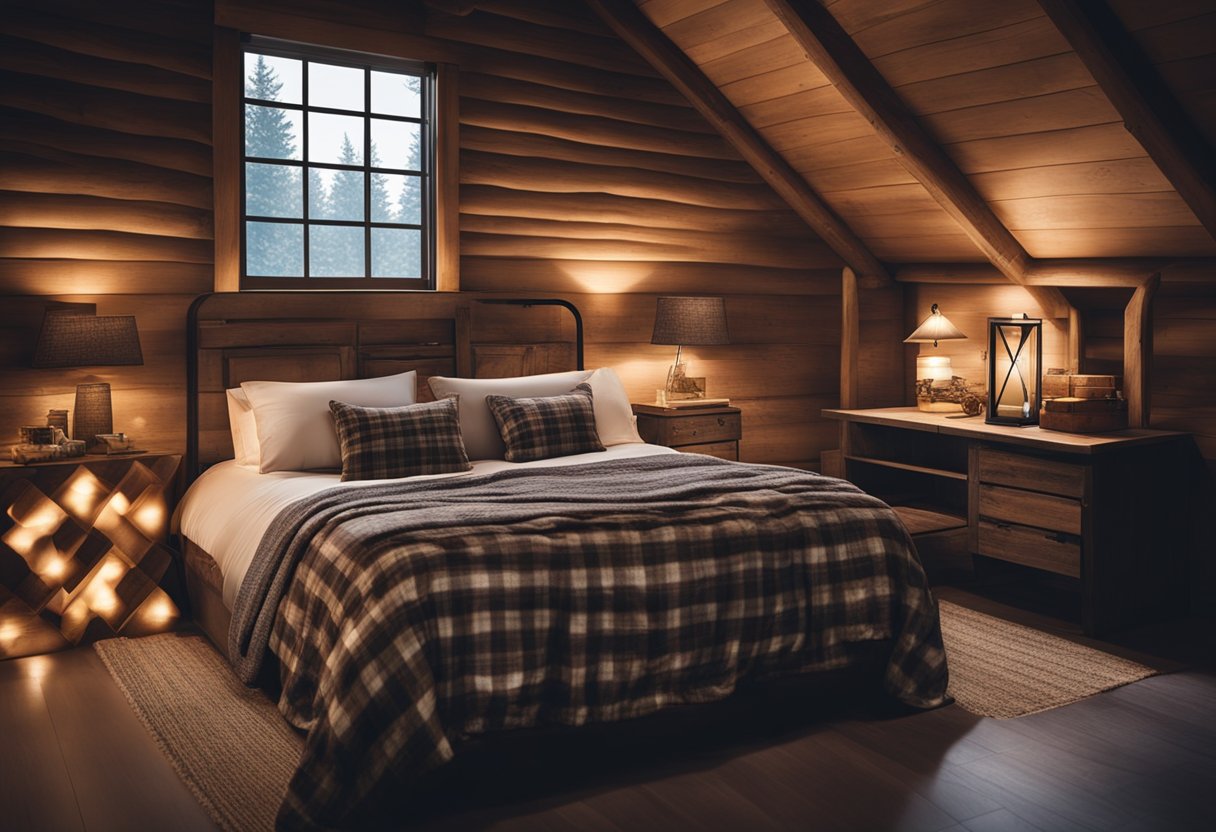 A cozy cabin bedroom with 10 wrought iron table lamps casting a warm glow on rustic furniture and plaid bedding