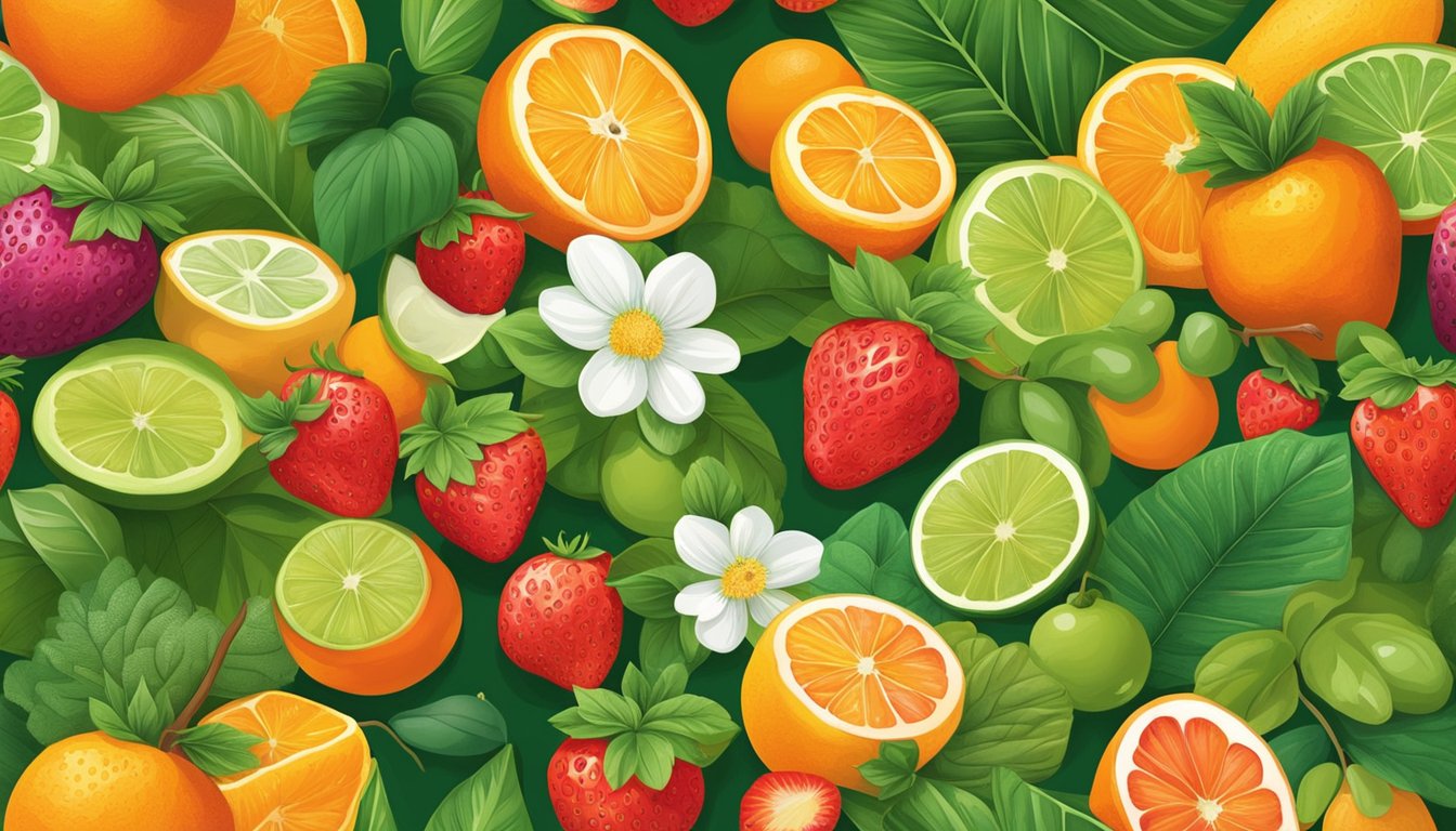 A colorful assortment of fruits and plants, including strawberries, oranges, and green leaves, are arranged in a vibrant and inviting display