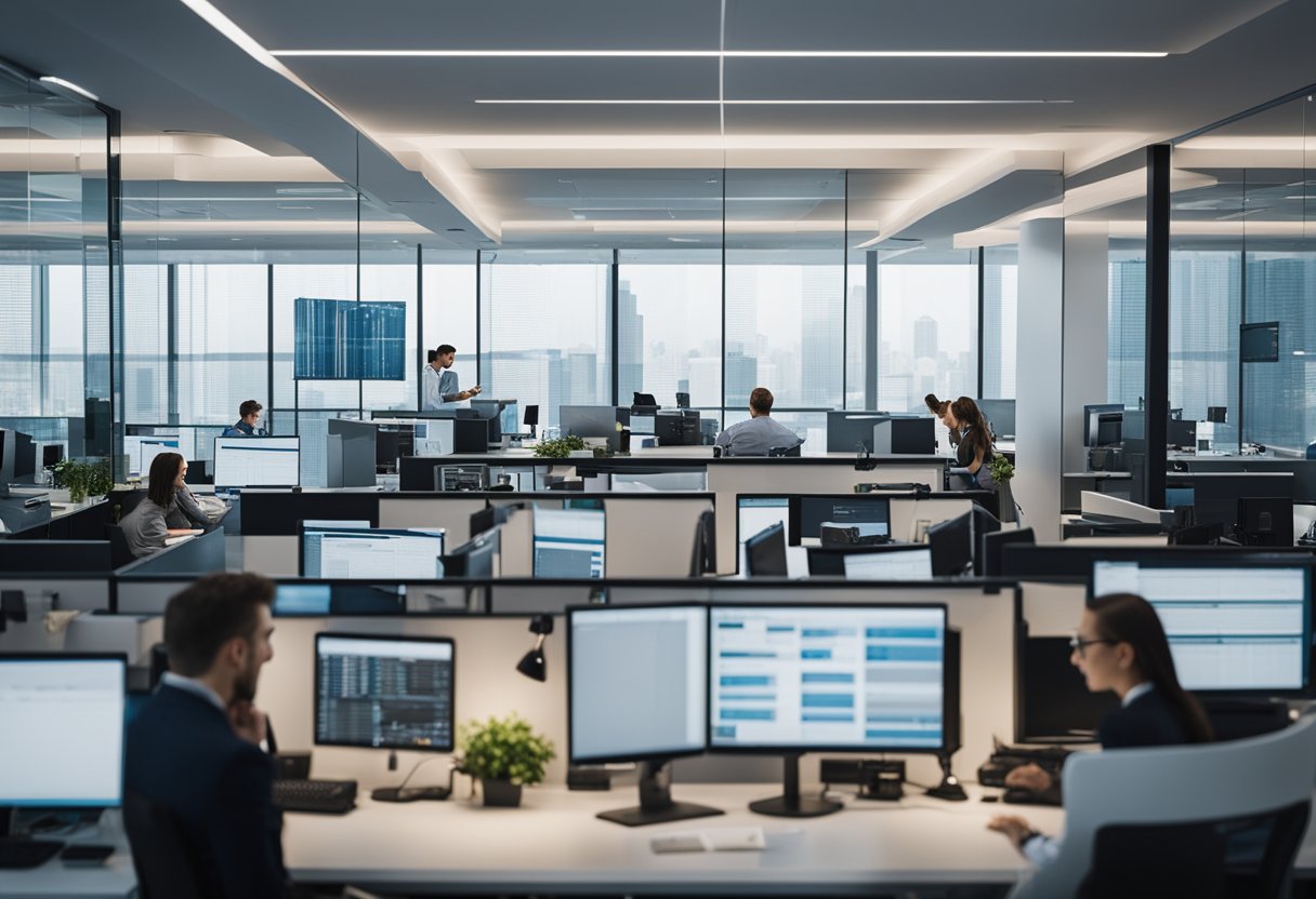 A bustling fintech office with employees answering calls and typing on computers, while a large screen displays real estate data and FAQs