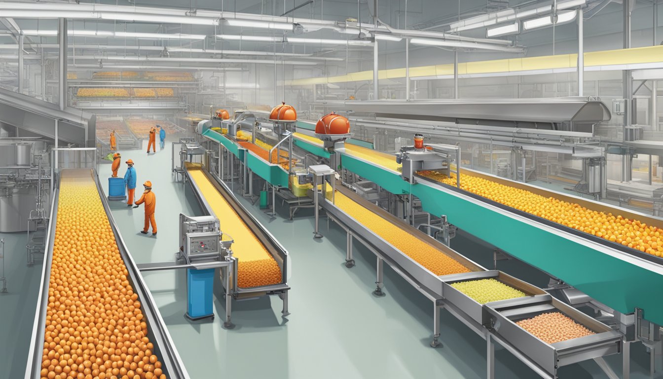 A factory with conveyor belts moving vegan chupa chups away from non-vegan products, ensuring no cross-contamination