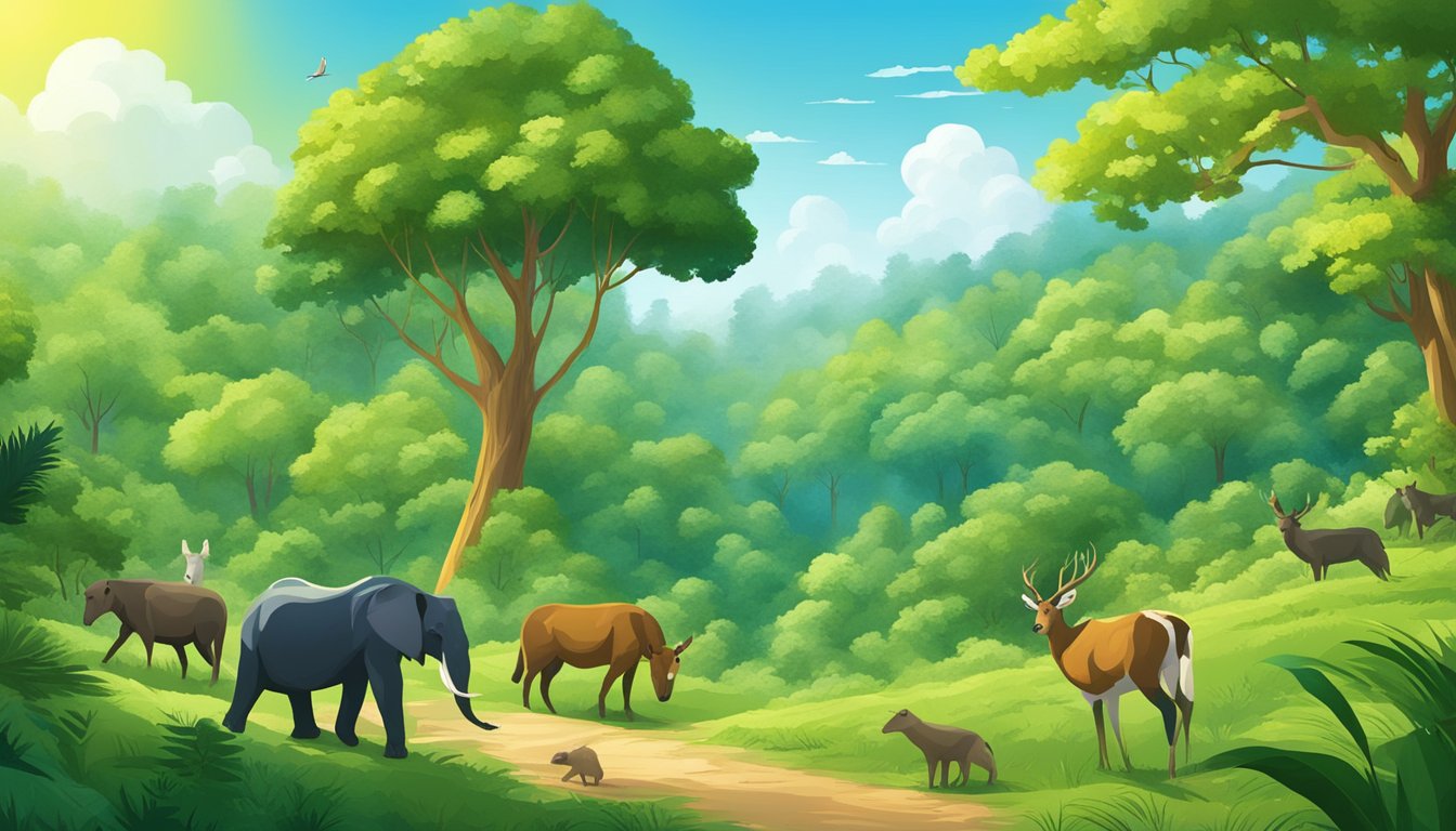 A lush green forest with animals living harmoniously and a clear blue sky above