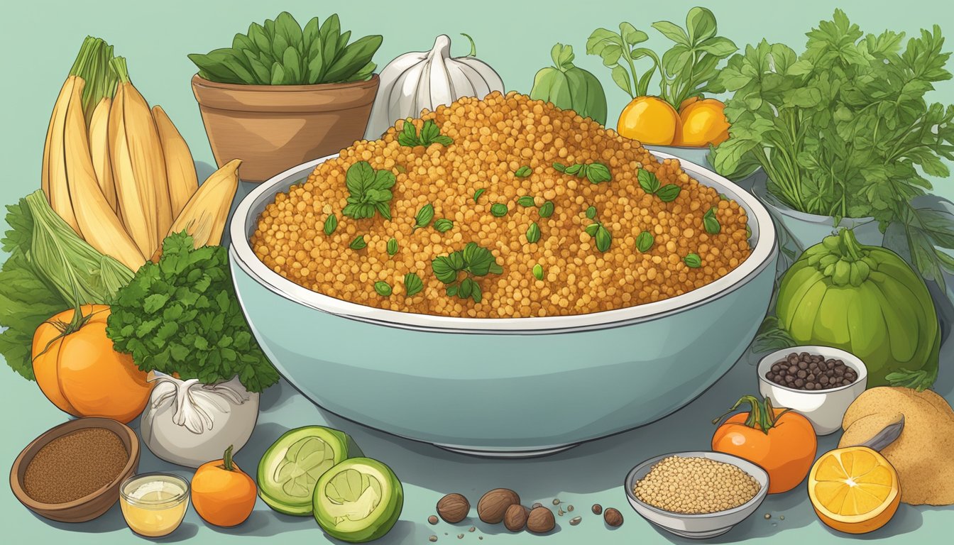 A bowl of cooked bulgur surrounded by various plant-based ingredients and fresh produce, highlighting its vegan nutritional profile