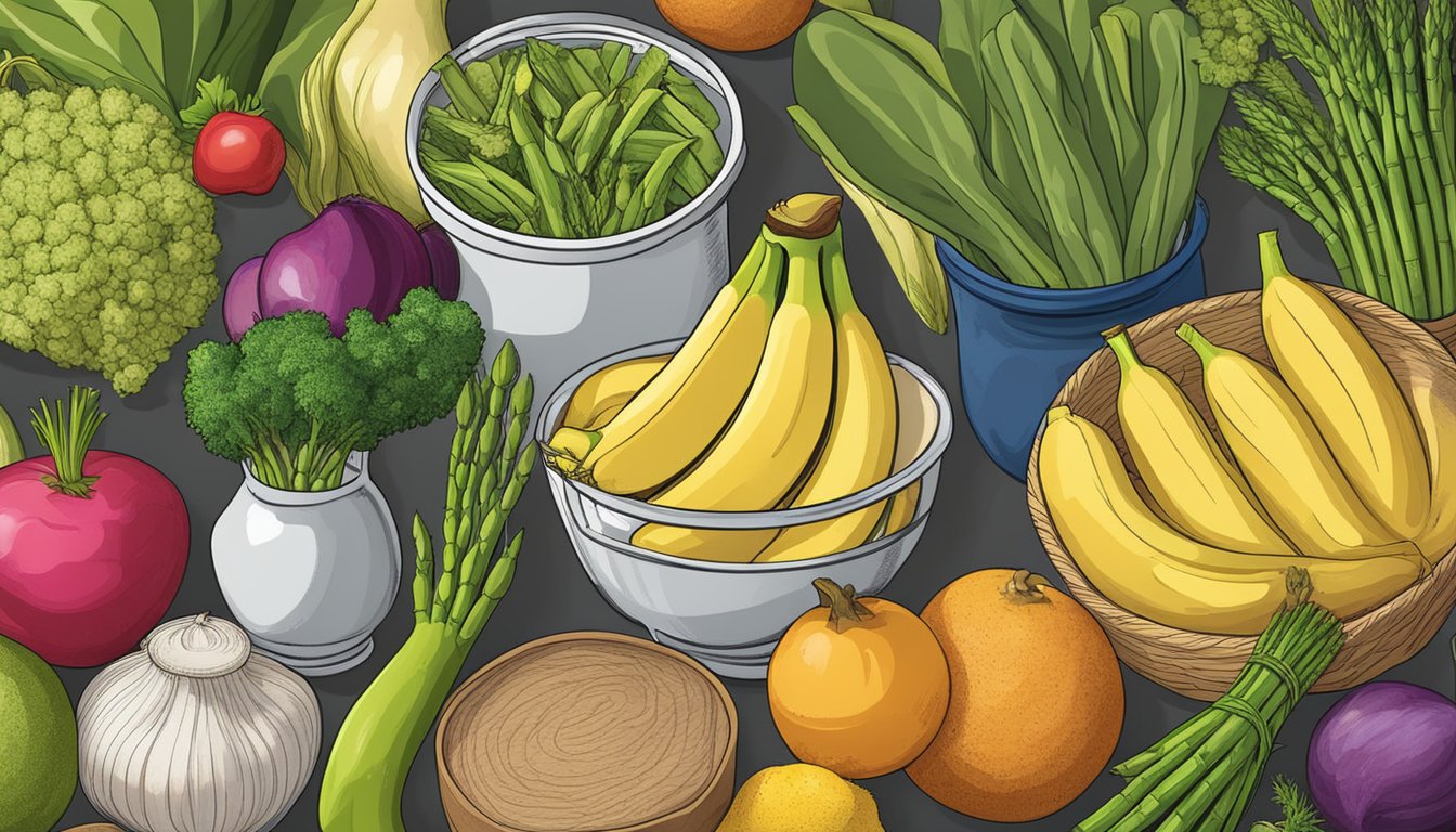 A variety of colorful fruits and vegetables, such as bananas, onions, and asparagus, are displayed alongside a jar of inulin powder