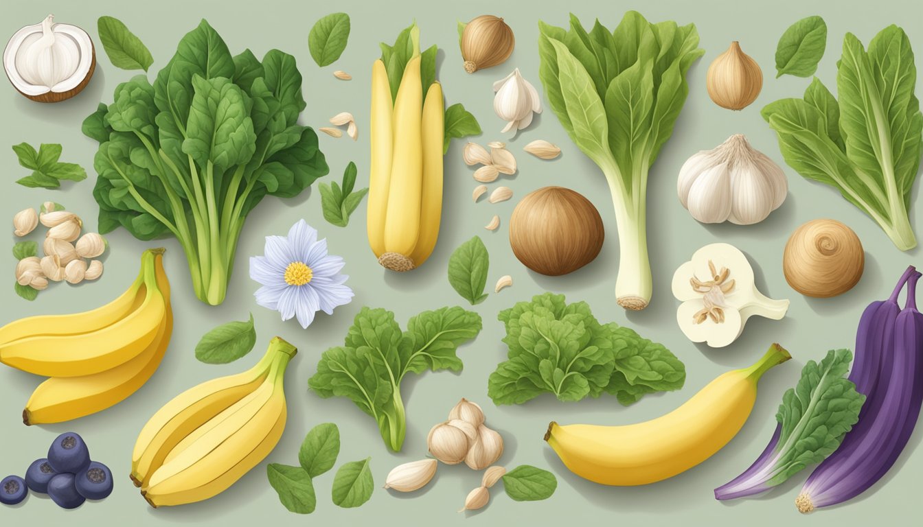 A variety of plant-based foods and ingredients, such as chicory root, garlic, and bananas, are shown to illustrate vegan sources of inulin