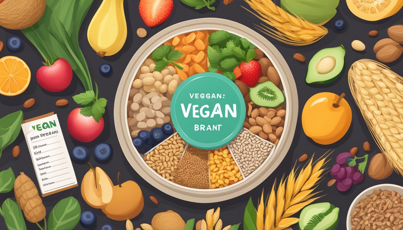 A bowl of wheat bran surrounded by a variety of plant-based foods, such as fruits, vegetables, and nuts, with a "vegan" label nearby