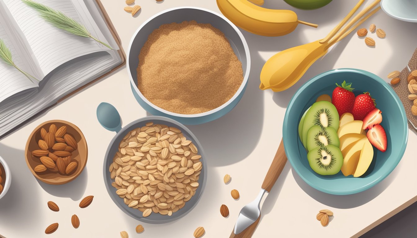 A bowl of wheat bran mixed with fruits and nuts, surrounded by vegan cookbooks and cooking utensils on a kitchen counter