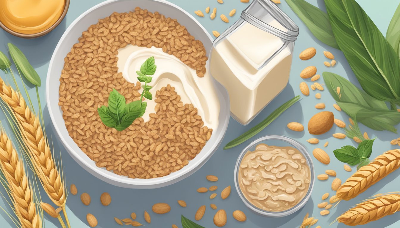 A bowl of wheat bran surrounded by various vegan ingredients and a plant-based milk carton