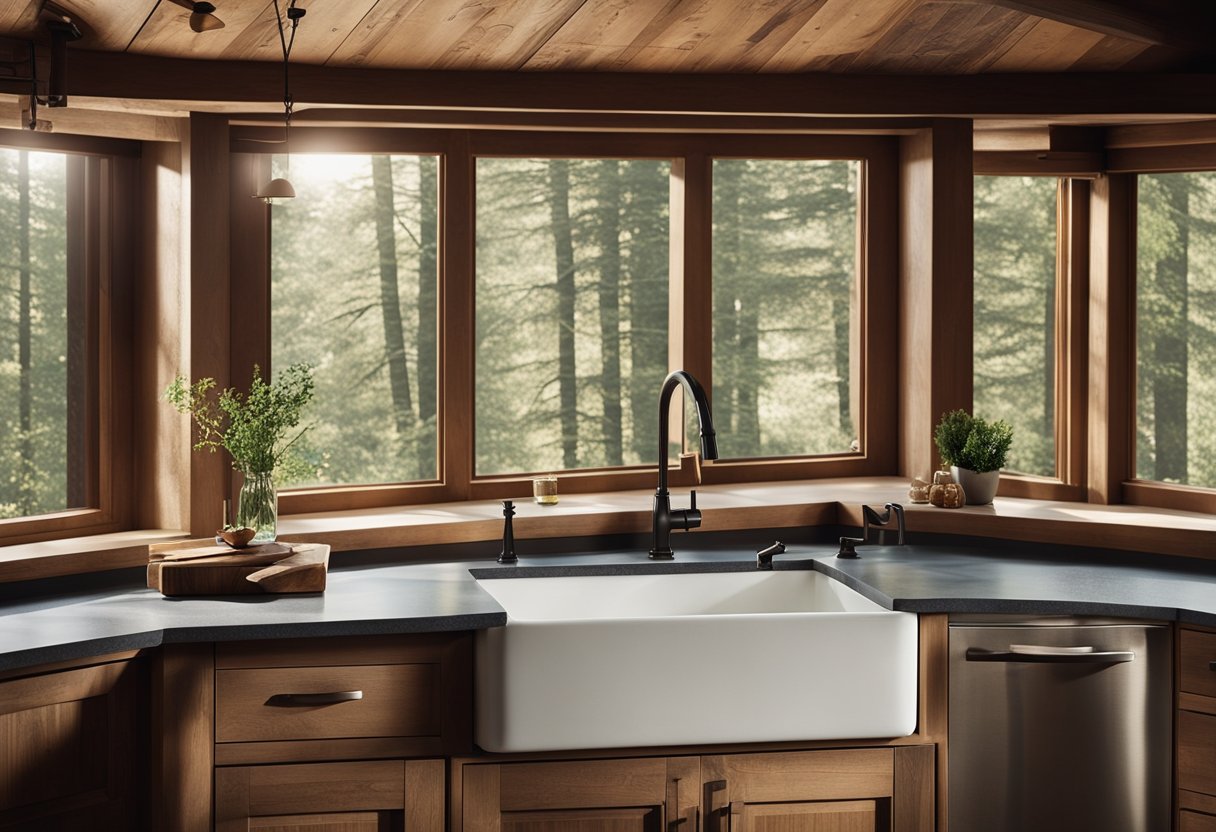 A cozy cabin kitchen with rustic wooden cabinets, stone countertops, a farmhouse sink, and a large window overlooking the forest