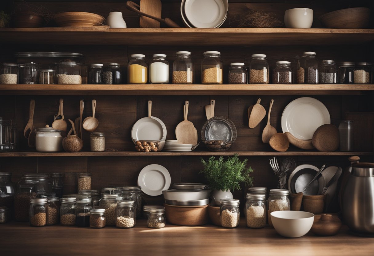 A cozy cabin kitchen with rustic wooden shelves filled with jars, dishes, and cooking utensils