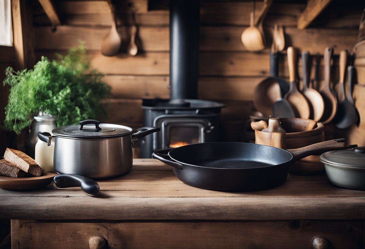 A rustic cabin kitchen with a vintage cast iron skillet on a wood-burning stove, surrounded by old-fashioned cooking utensils and a cozy, welcoming atmosphere