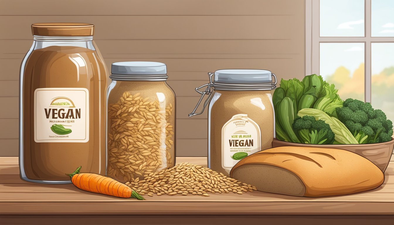 A bag of wheat bran sits next to a pile of fresh vegetables, with a jar of vegan spread and a loaf of bread on a wooden shelf