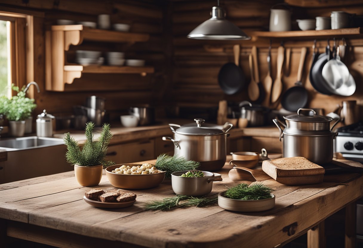 A rustic pine table surrounded by cozy cabin kitchen decor, including vintage cookware and cozy lighting