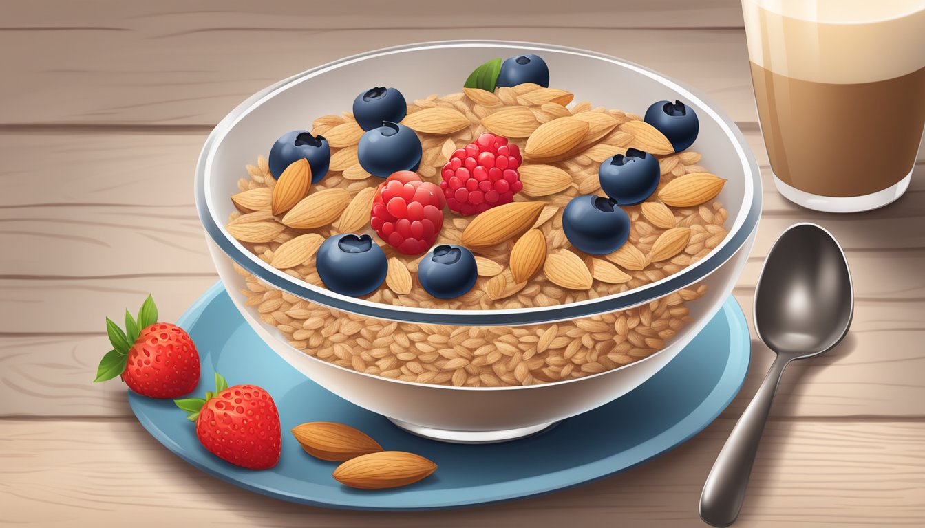 A bowl of wheat bran cereal with almond milk and fresh berries on a wooden table