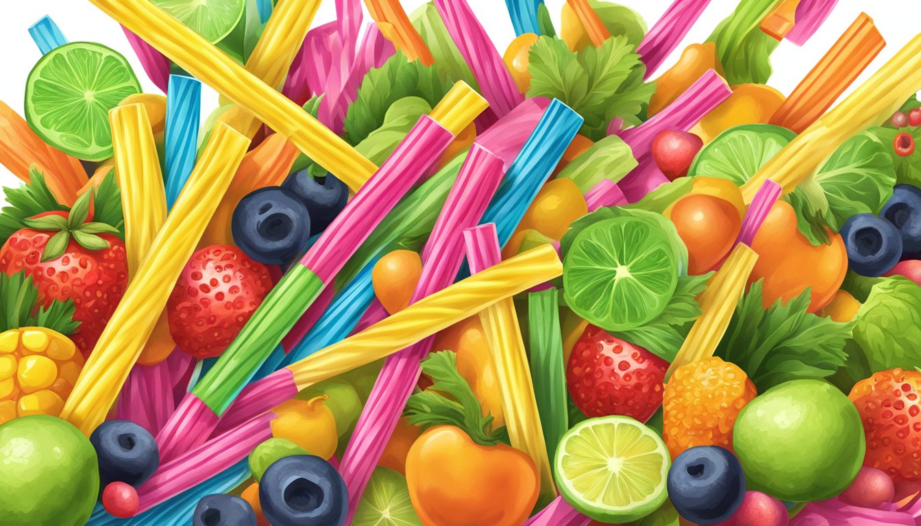 A colorful pile of sour punch straws surrounded by various fruits and vegetables