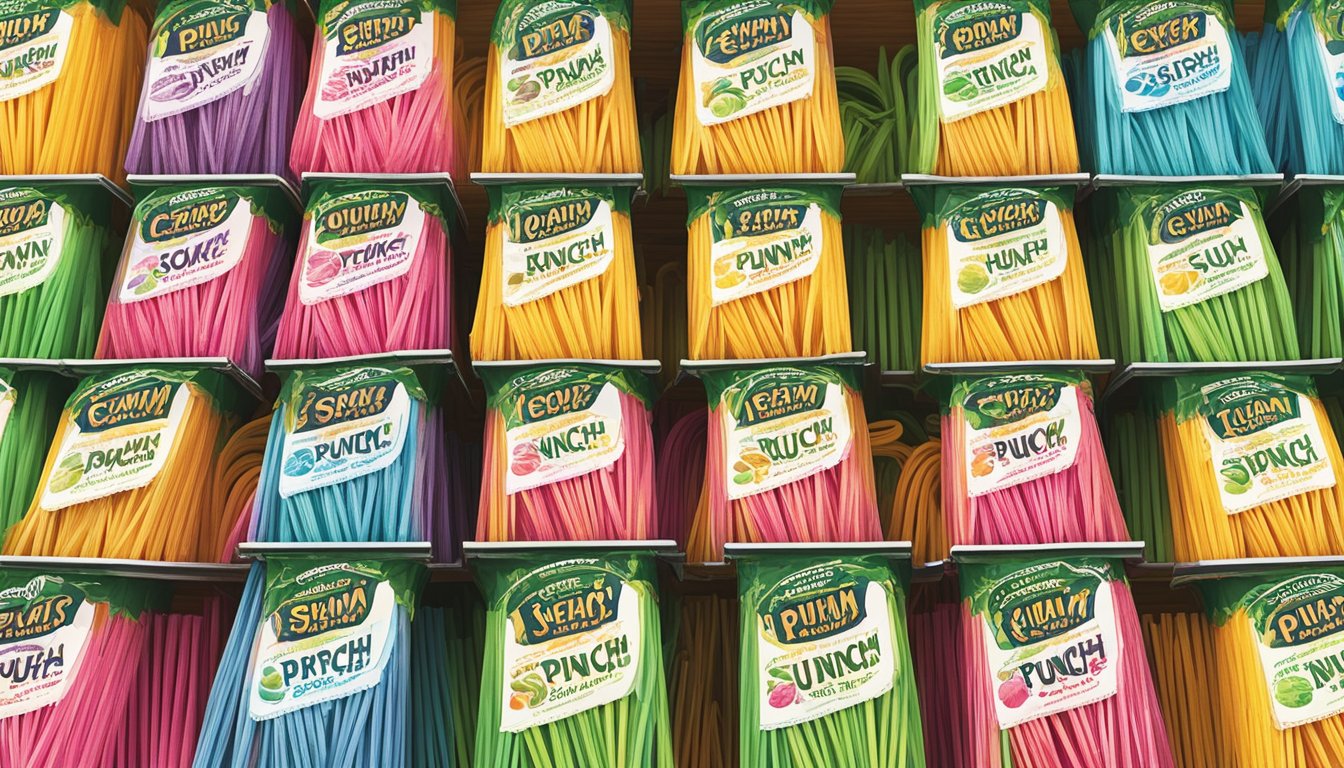 A colorful assortment of sour punch straws displayed on a market stall with a prominent "vegan" label