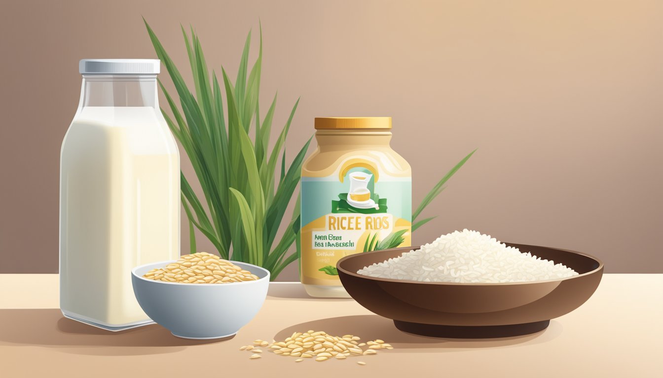 A jar of rice syrup next to a bowl of rice, with a variety of grains and a plant-based milk carton in the background