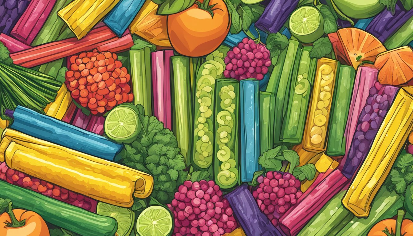 A colorful array of sour punch straws surrounded by various fruits and vegetables, with a prominent "vegan" label displayed