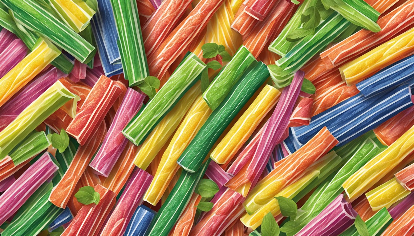 A pile of Sour Punch Straws surrounded by various fruits and vegetables, with a vegan certification logo displayed prominently