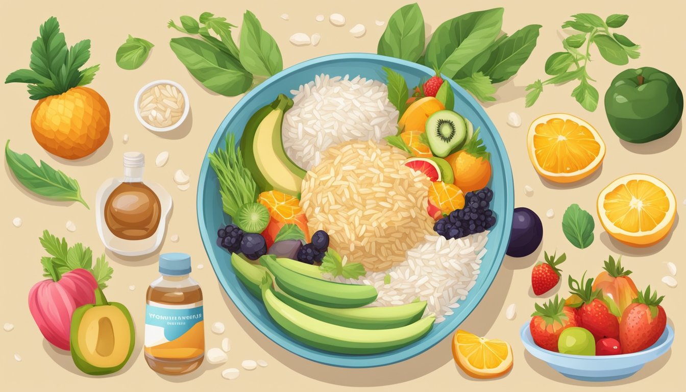 A bowl of rice syrup surrounded by colorful fruits and vegetables, with a label indicating its vegan and nutritional benefits