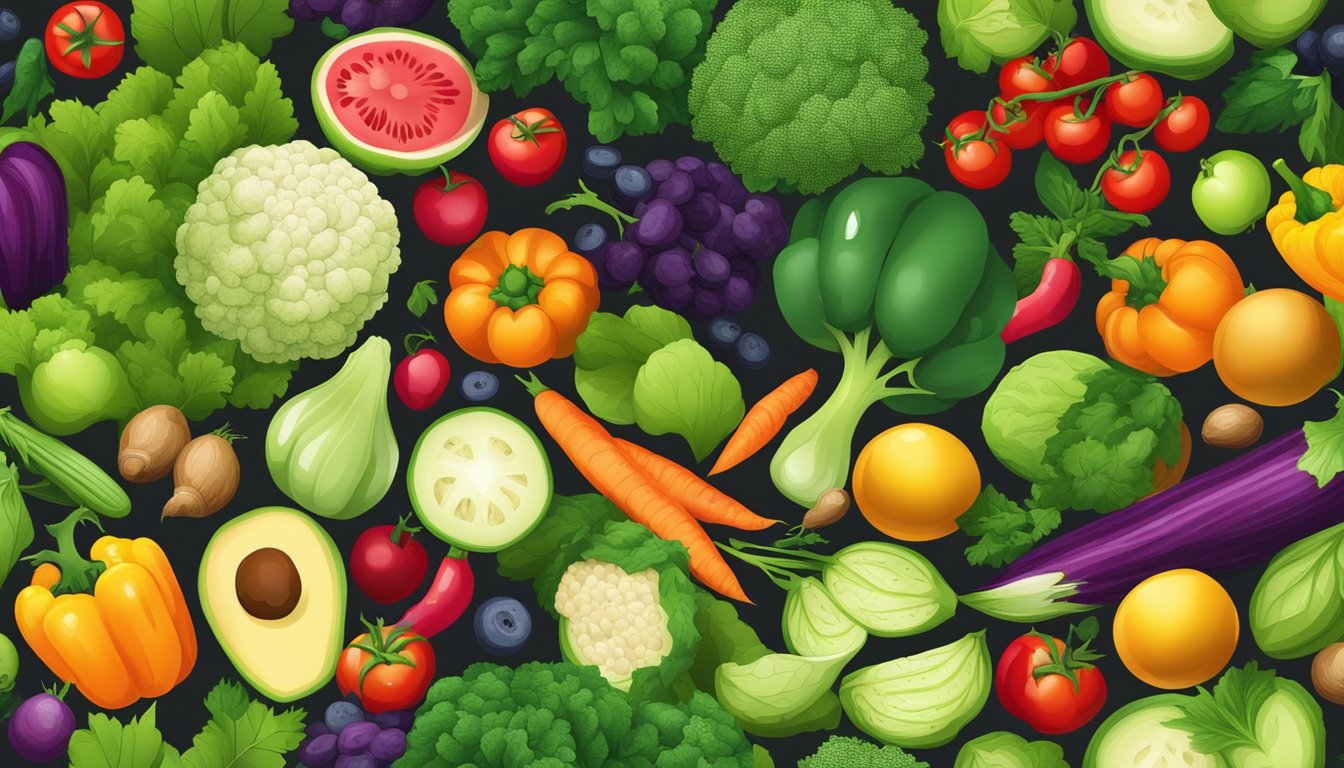 A colorful assortment of fresh vegetables and grains arranged in a bountiful display, surrounded by vibrant green leaves and ripe fruits