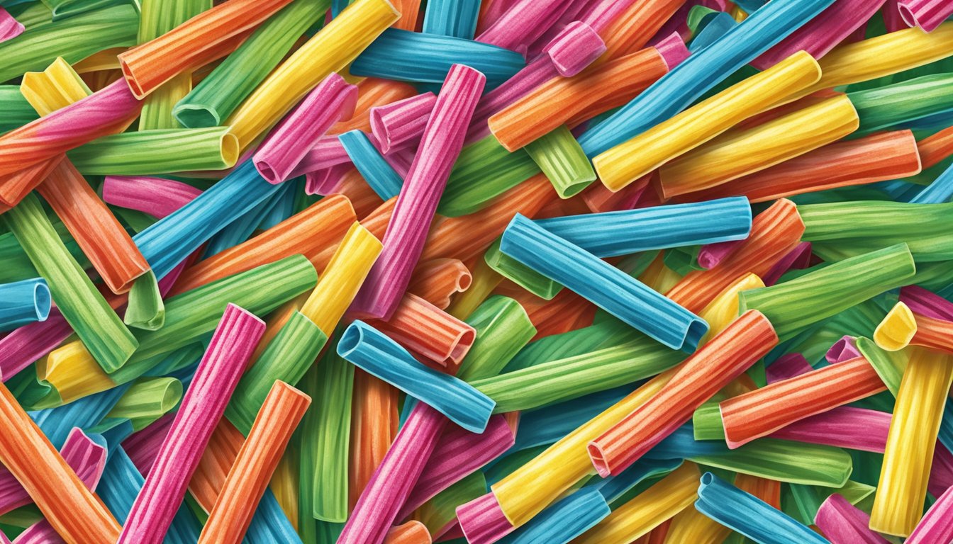 A colorful array of sour punch straws, showcasing various flavors and varieties, with a prominent "vegan" label displayed prominently