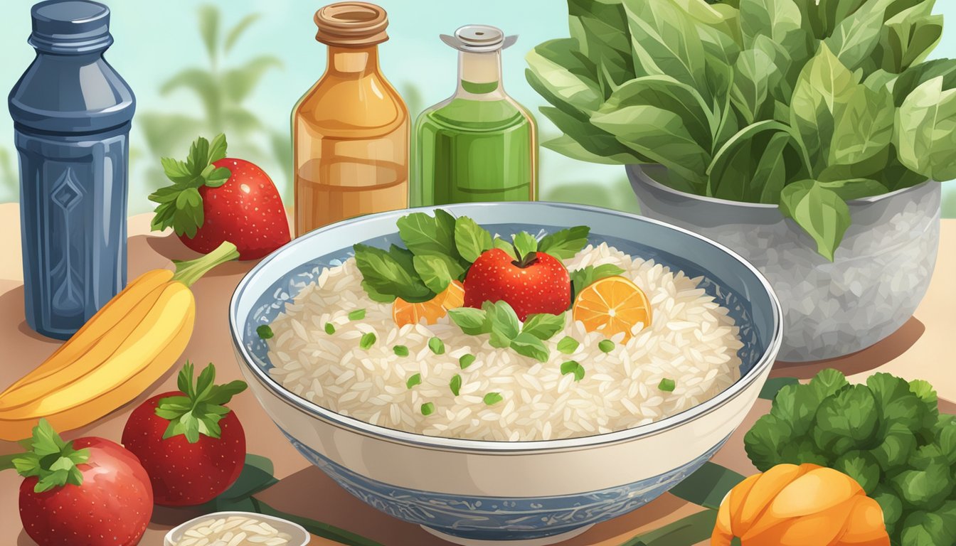 A bowl of rice syrup being used in a vegan recipe, surrounded by fresh fruits and vegetables