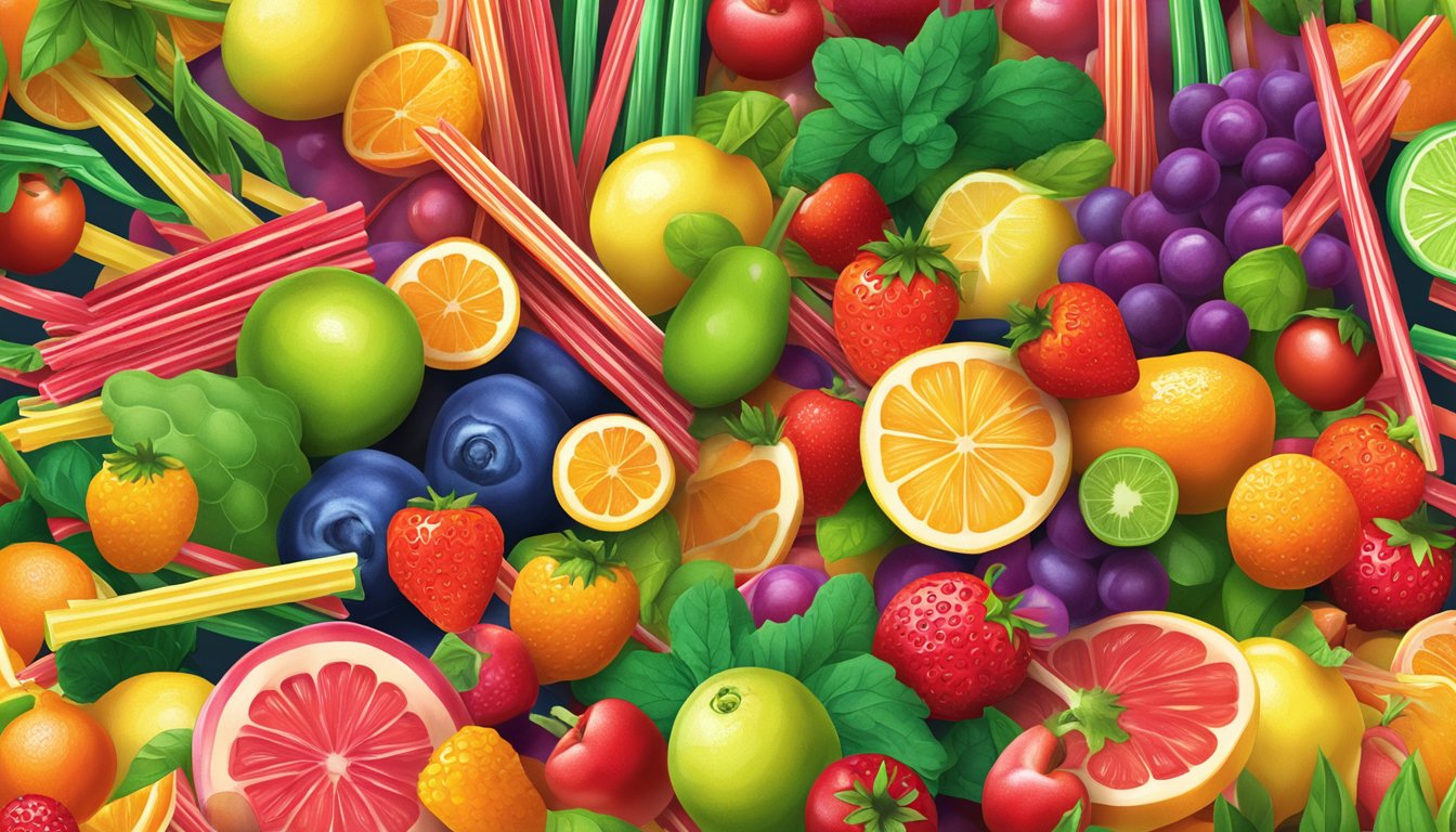 A colorful pile of sour punch straws surrounded by vibrant fruits and vegetables