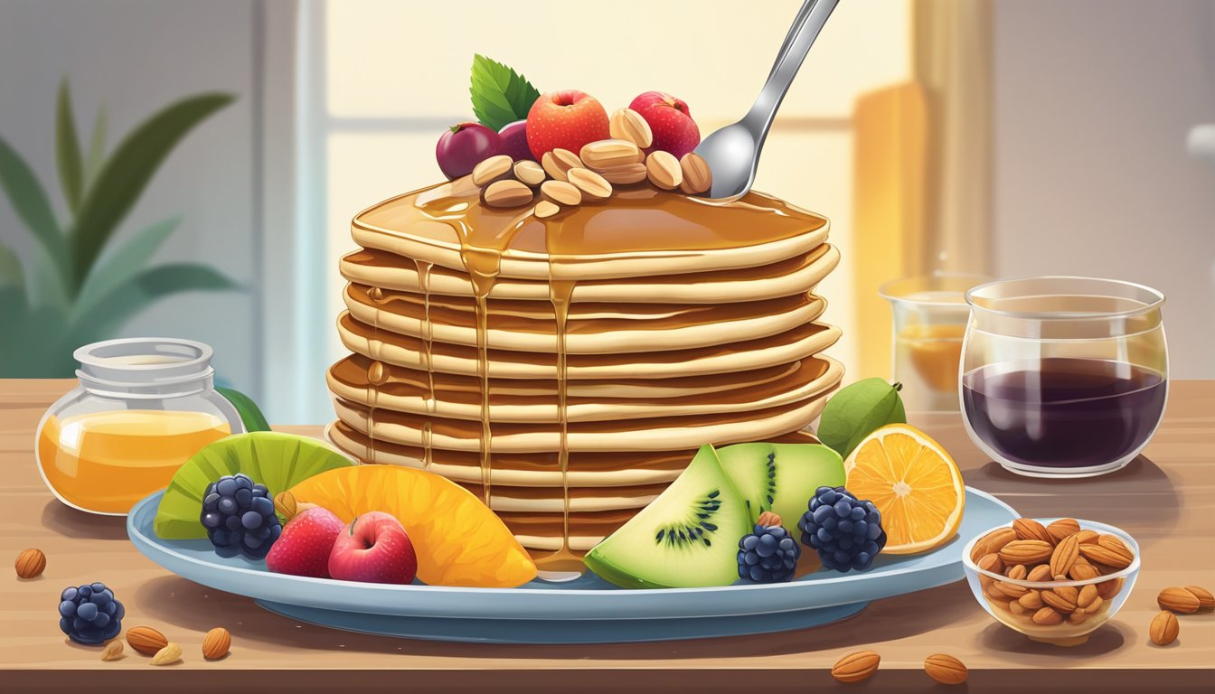 A jar of rice syrup surrounded by a variety of colorful fruits and nuts, with a spoonful of the syrup drizzling onto a stack of vegan pancakes