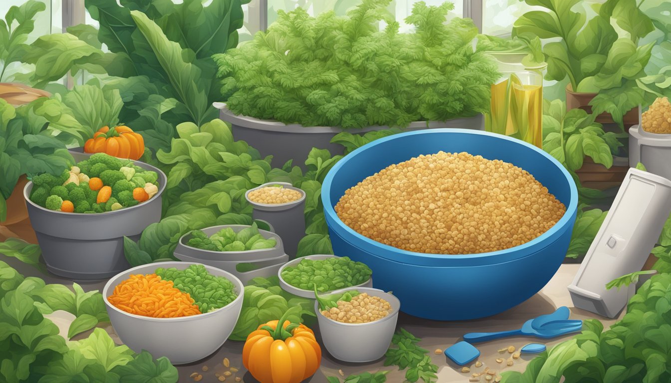 A bowl of textured vegetable protein surrounded by lush green plants and a recycling bin