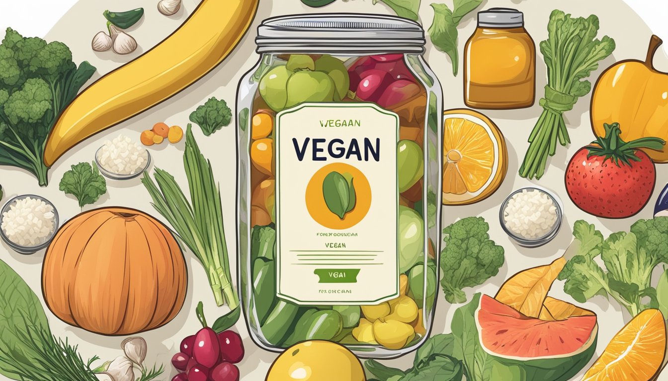 A jar of rice syrup surrounded by various fruits and vegetables, with a "vegan" label prominently displayed