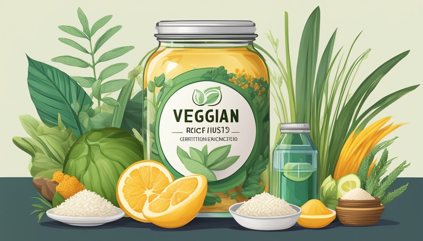 A jar of rice syrup surrounded by various plant-based ingredients and a symbol for vegan certification