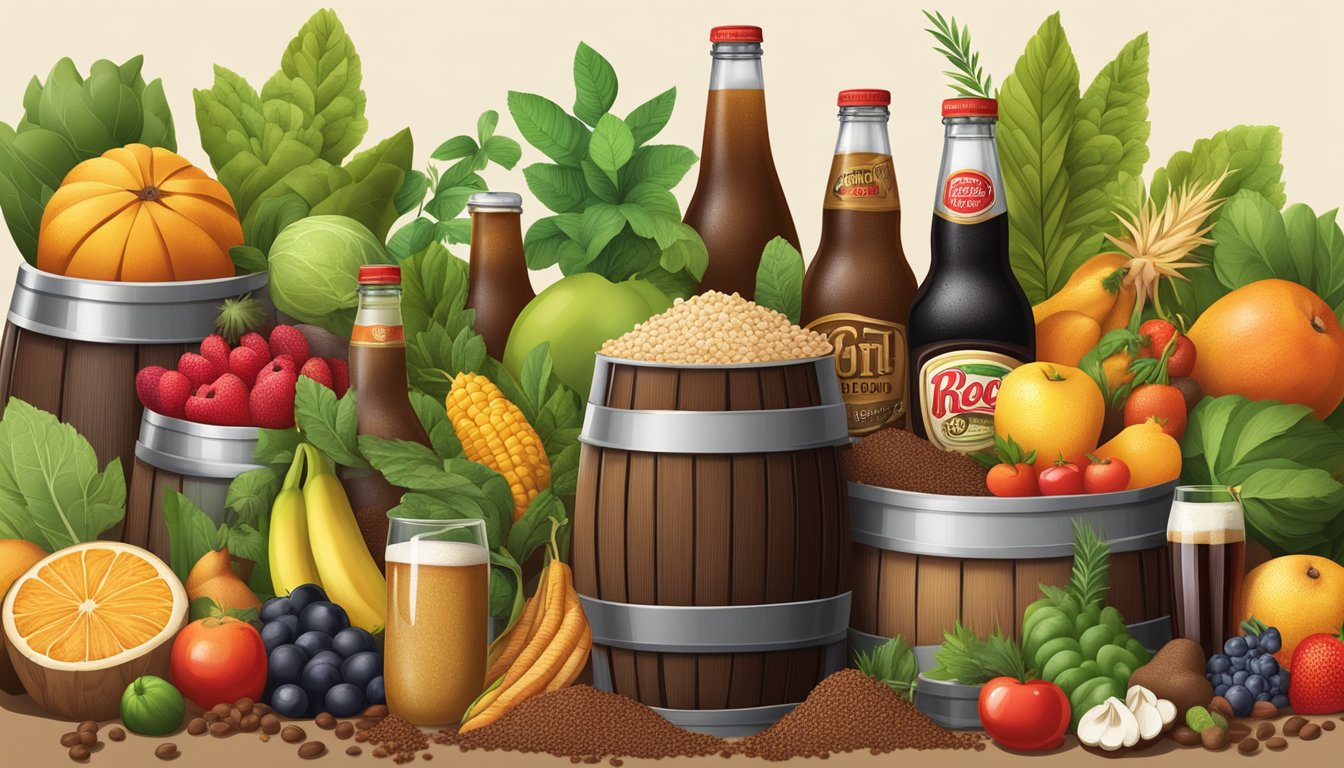 A pile of root beer barrels surrounded by various plant-based ingredients like fruits, vegetables, and grains