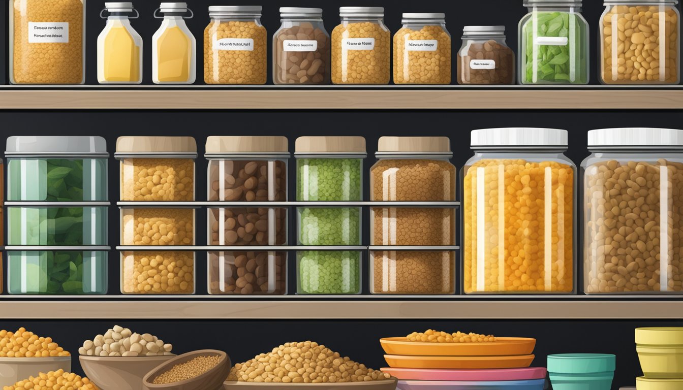 A pantry shelf with various containers of textured vegetable protein, indicating long shelf life