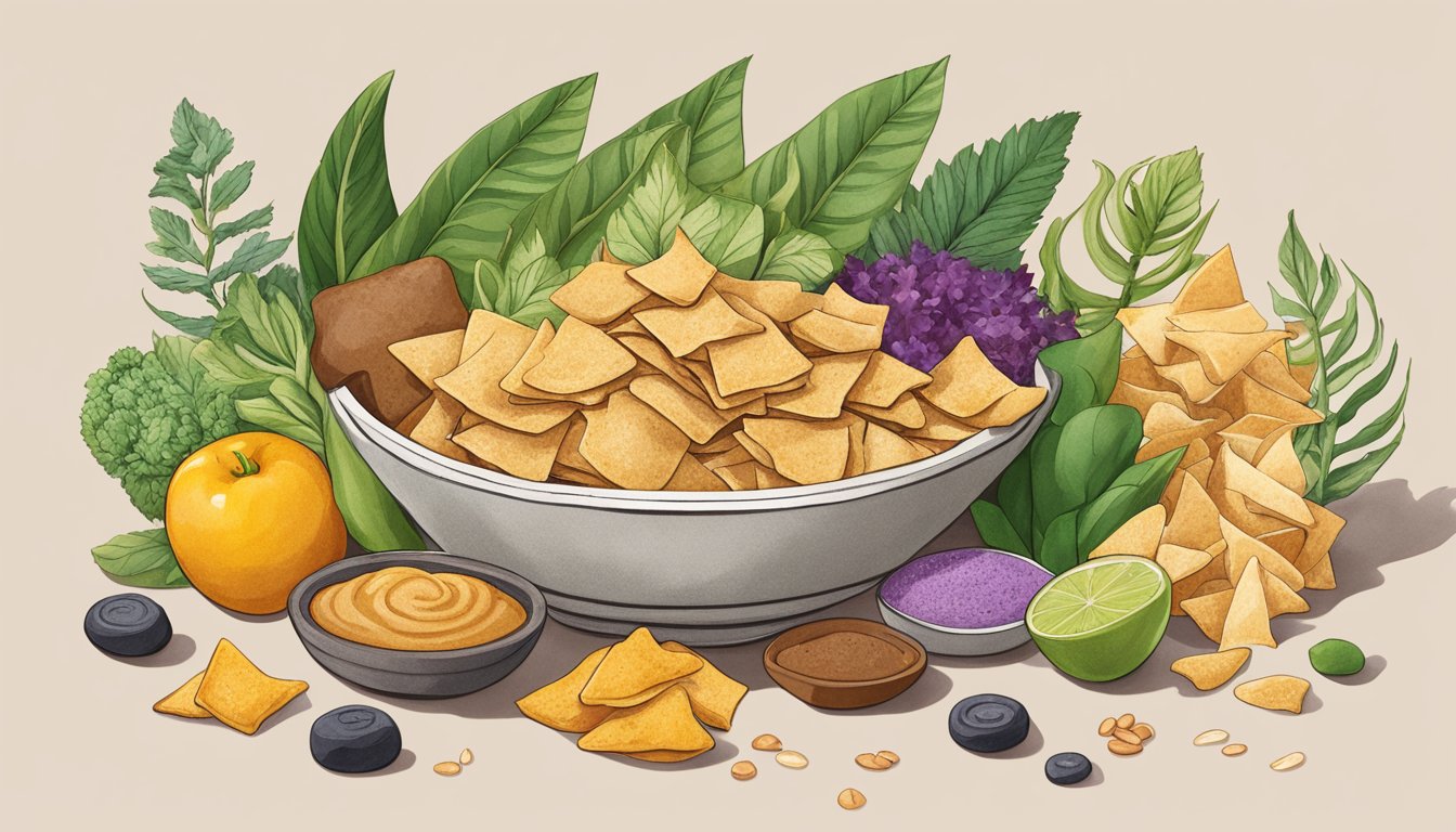 A bowl of vegan protein chips surrounded by various plant-based ingredients