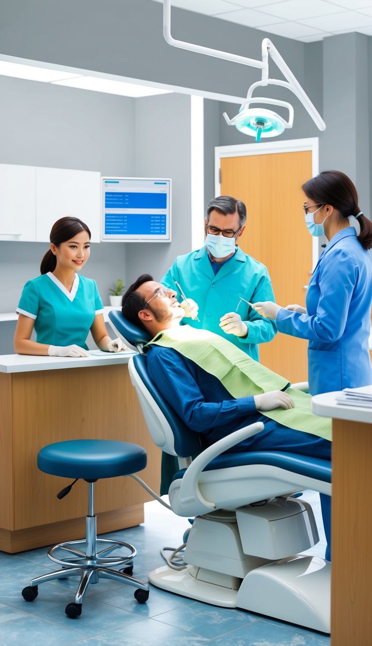 A dentist's office with a patient in a reclined chair, while the dentist performs a root canal procedure. A receptionist at the front desk discusses costs with another patient