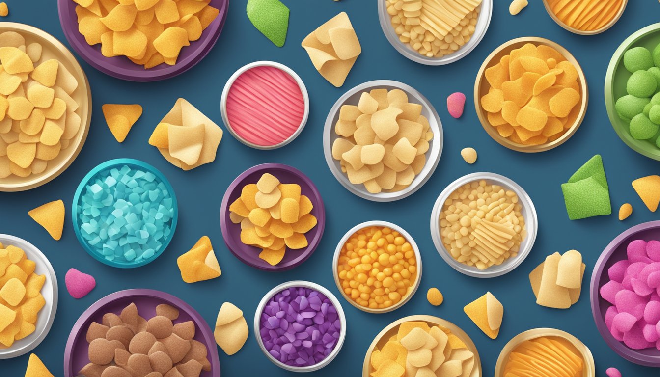 A variety of colorful protein chips arranged in a circular pattern, with textural details and vibrant packaging