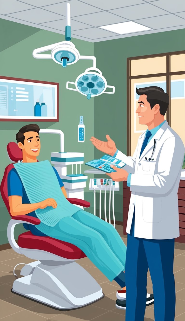 A dentist's office with a patient in the chair, discussing financial options for a root canal treatment with the dentist