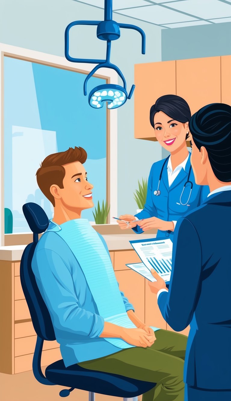 A person at a dentist's office, asking about the cost of a root canal without insurance. The receptionist or dentist may be providing information or answering questions