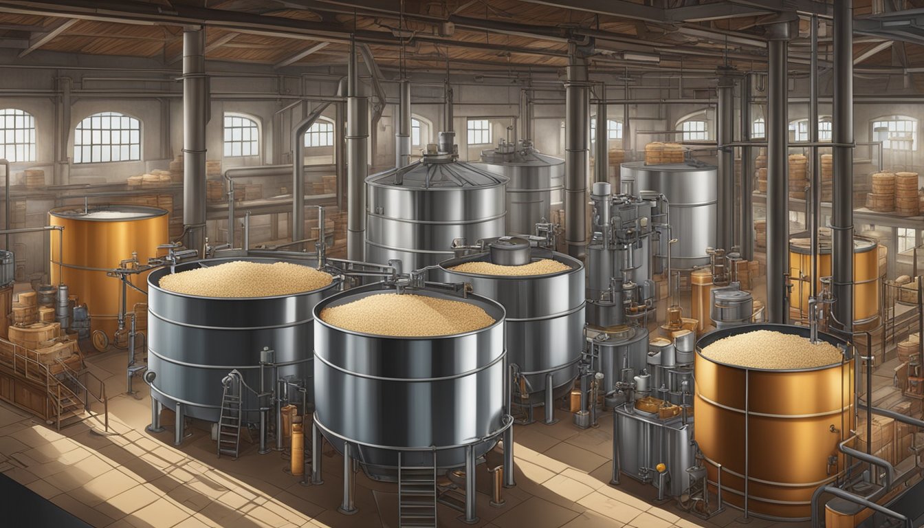 A factory scene with large vats and machinery producing root beer barrels, surrounded by ingredients like sugar, sassafras, and natural flavorings