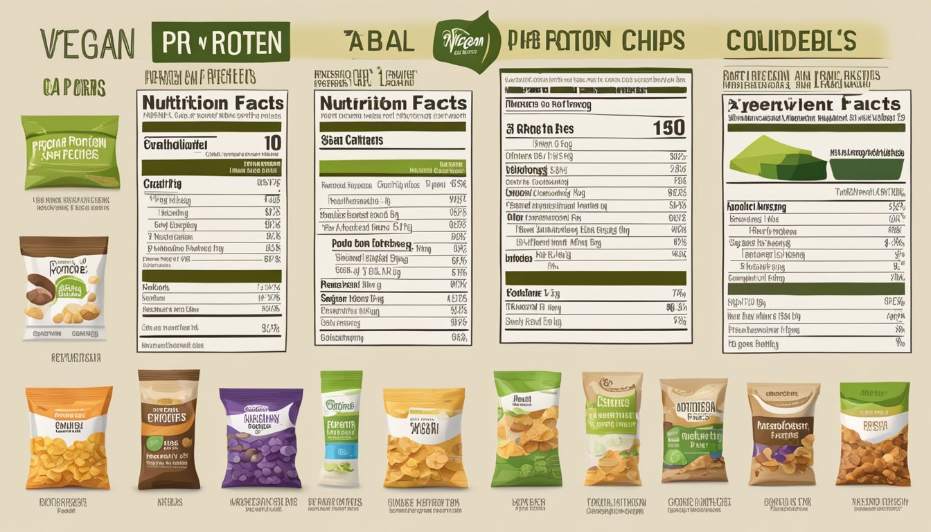 A table with a variety of protein chips, some labeled "vegan," others not. A person is comparing the ingredients and nutrition facts on the packaging