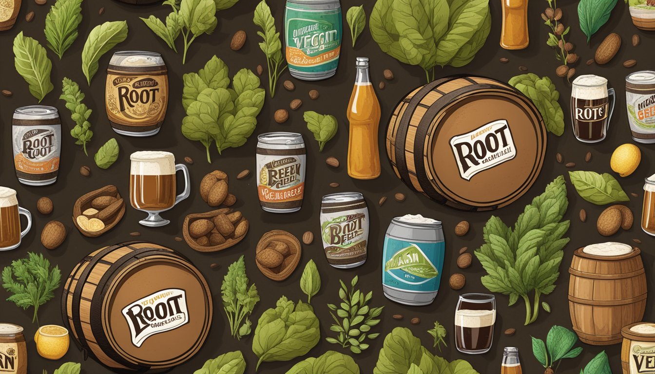 A collection of root beer barrels surrounded by various plant-based ingredients, with a prominent "vegan" label