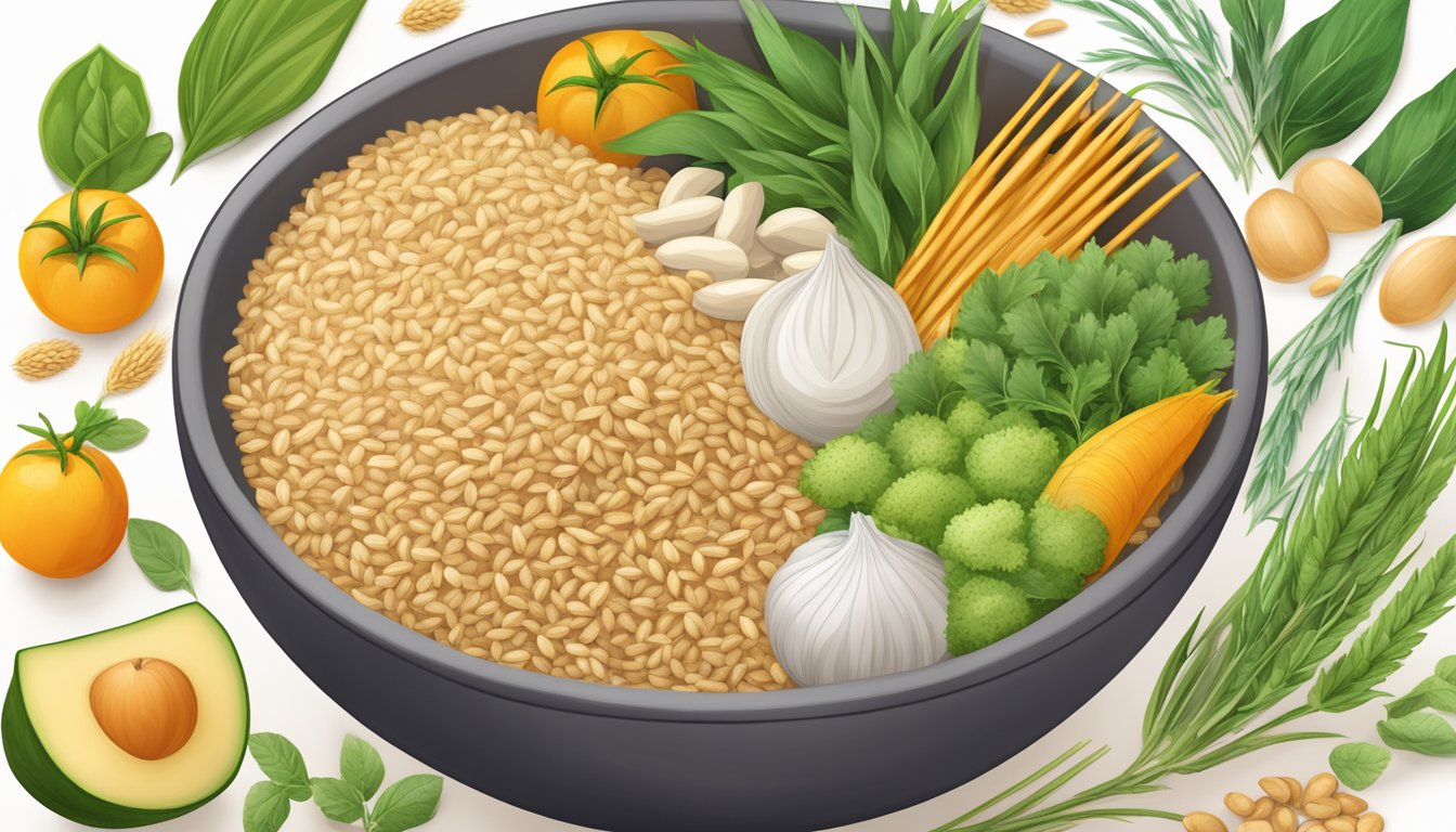 A bowl of wheat germ surrounded by various plant-based ingredients, with a prominent "Vegan" label