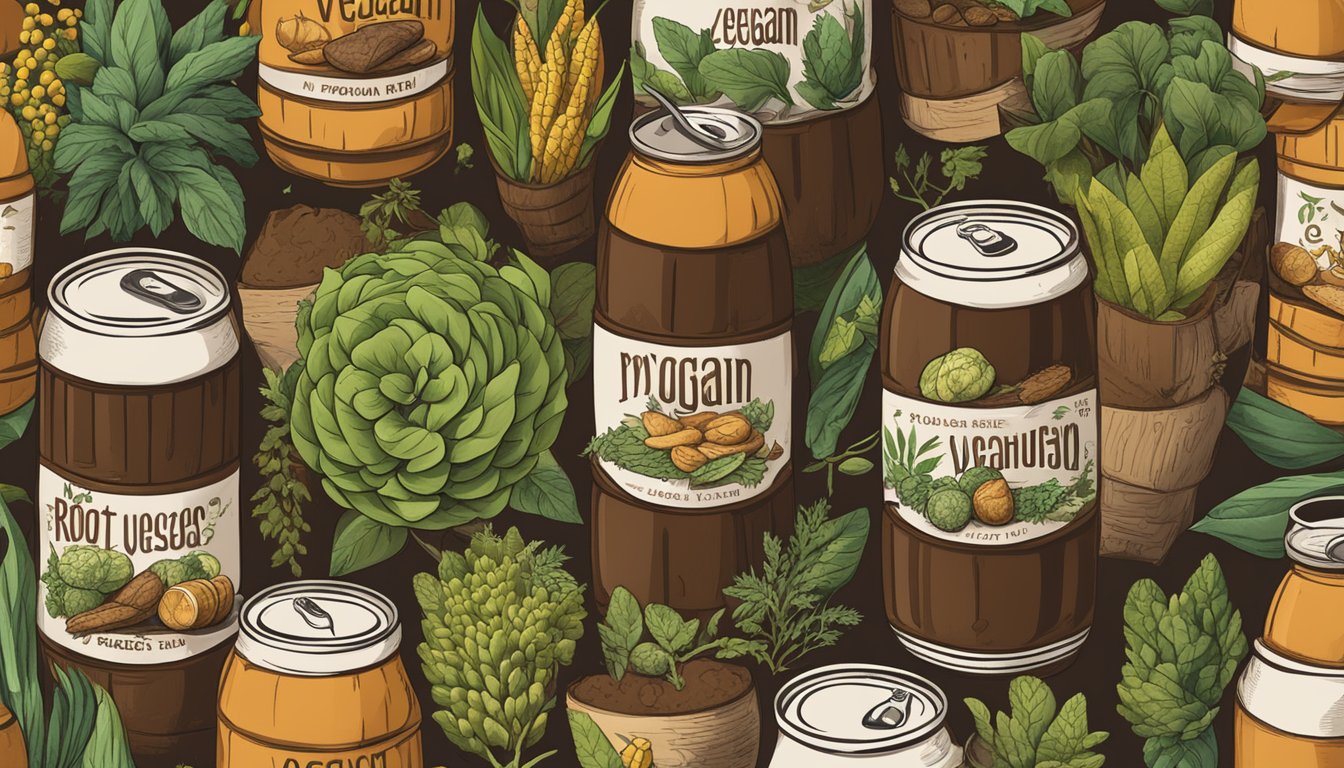 A pile of root beer barrels surrounded by various plant-based ingredients, with a "vegan" label prominently displayed